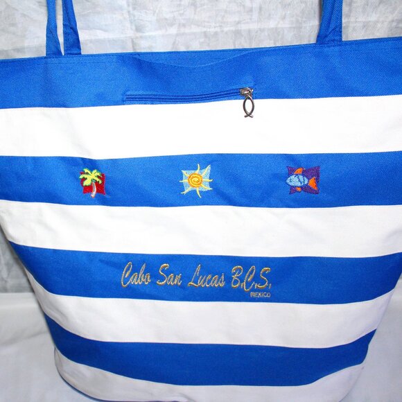 Cabo San Lucas BCS Mexico X-Large 18" X 18" X 10" Blue White Stripe Tote Bag - Picture 1 of 9